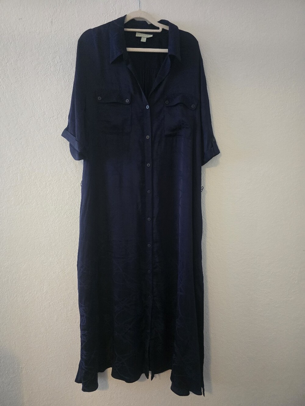 Ryegrass Rayon Textured Satin Navy Short sleeve Midi Shirt Dress Size XL